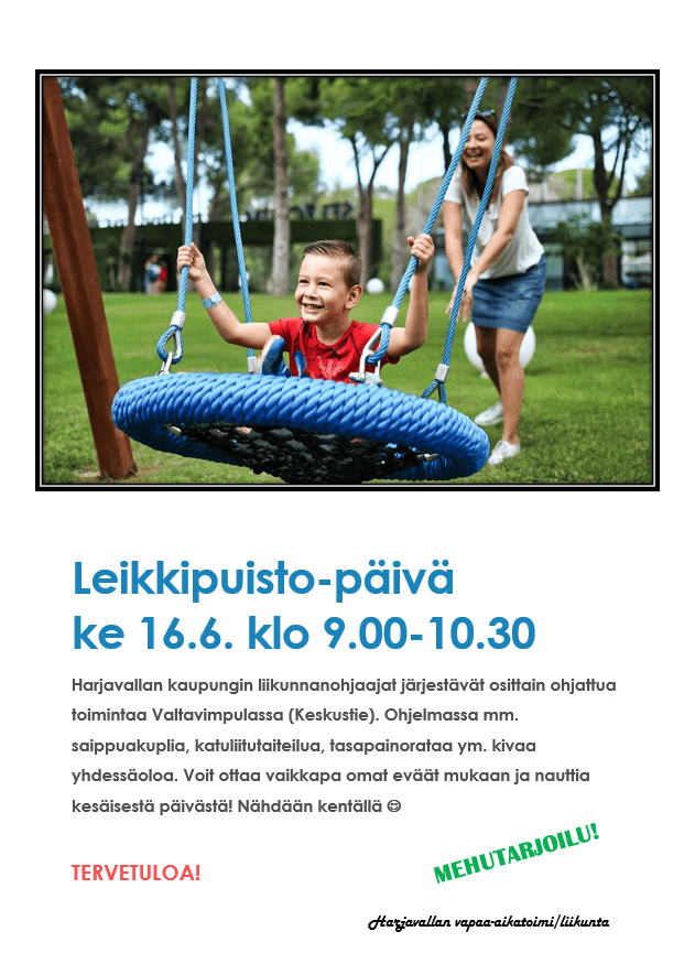Leikkipuisto-päivä keskiviikkona 16.6. klo 9.00-10.30. Toiminta on osittain ohjattua. Ohjelmassa muun muassa katuliitutaiteilua, saippuakuplien puhaltelua ja tasapainorataa. Voit ottaa vaikkapa omat eväät mukaan. Mehutarjoilu.