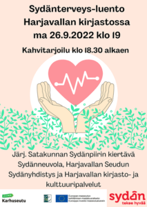 Kuvan mainoksessa tekstien lisäksi kuva sydämestä, jota avoimet kädet kannattelevat.
