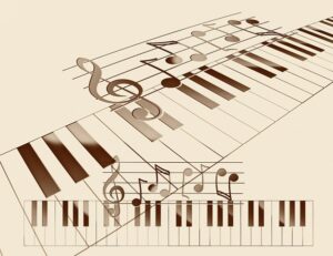 piano Kuvassa nuotteja ja pianonkoskettimet.