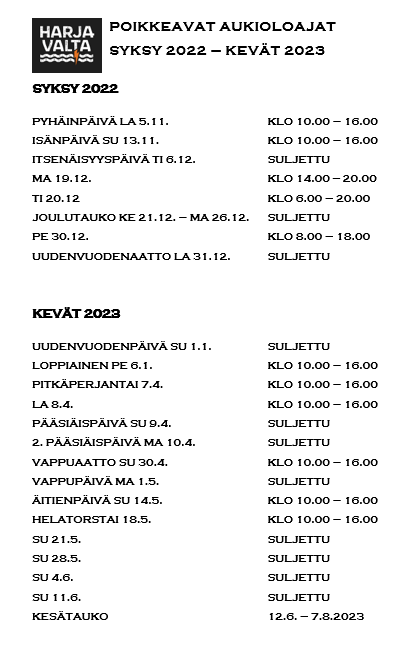 Uimahallin poikkeavat aukioloajat syksy 2022 - kevät 2023. Lisätietoja uinninvalvomosta p. 044-4325442