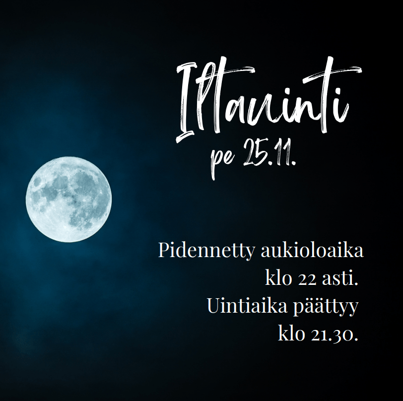Iltojen pimentyessä haluamme mekin heittäytyä hämärään tunnelmaan. Siispä pidennämme aukioloajan perjantaina 25.11. klo 22 asti. Uintiaika päättyy tuolloin klo 21.30. Tervetuloa!