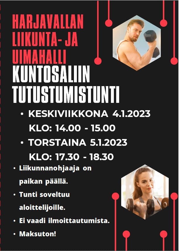 Kuntosalitutustumiset, kuvassa mies ja nainen, painoja. Lisätiedot uinninvalvomo puh. 044-4325442