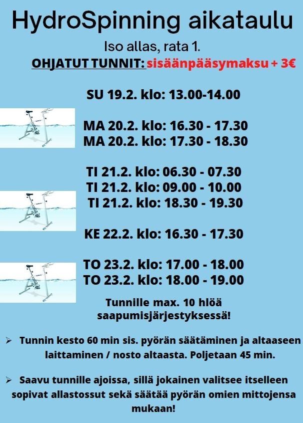 Kuvassa hydro Spinning pyörä, tietoa ohjauksista ja aikatuluista.