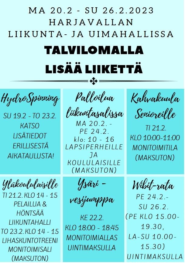 Kuvassa tietoa talviloma-ohjelmasta. Lisätiedot uinninvalvomosta tai lipunmyynnistä.