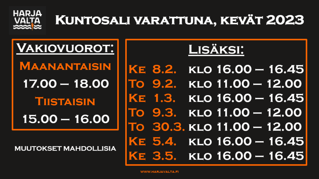 Kuvassa on kuntosalin poikkeukselliset varaukset keväällä 2023. Lisätietoja uinninvalvomosta, p. 044-432 5442.