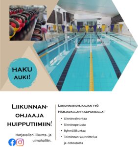 Yläosassa kuva uimahallista siältä, jossa näkyy allas uimaradoilla. Alaosassa ilmoitusteksti.