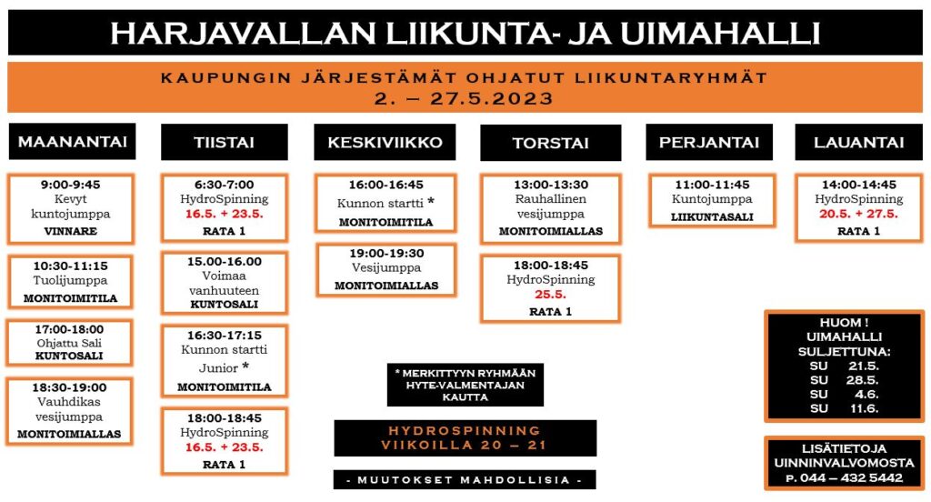 2.-27.5.2023 liikuntalukujärjestys. Lisätietoja uinninvalvomosta, p. 044-4325442.