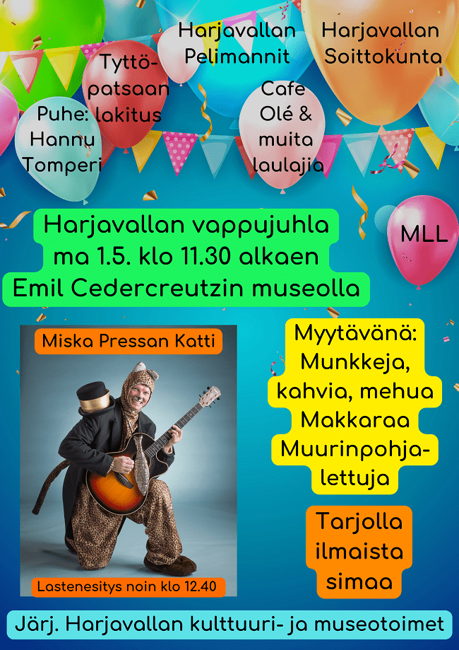 Kuvan mainoksessa Valto Savolainen Miska Pressan Katin asussa, ilmapalloja ja mainoksen tekstit.