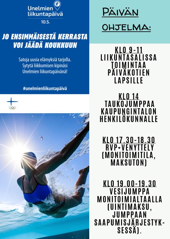 Kuvassa nainen vedessä ja tietoa unelmien liikuntapäivästä 10.5.