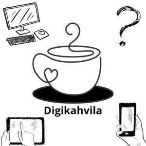 Digikahvila Kuvassa kahvikuppi ja tietoteknisiä laitteita.