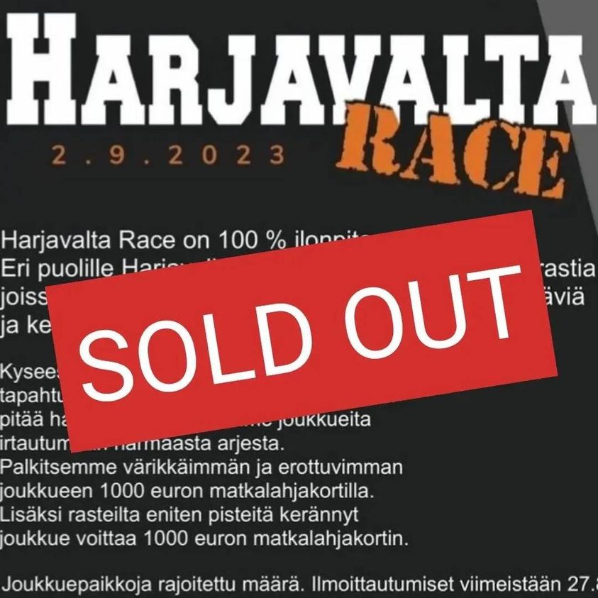 Harjavalta Race-logo ja sama teksti kuin verkkosivulla.