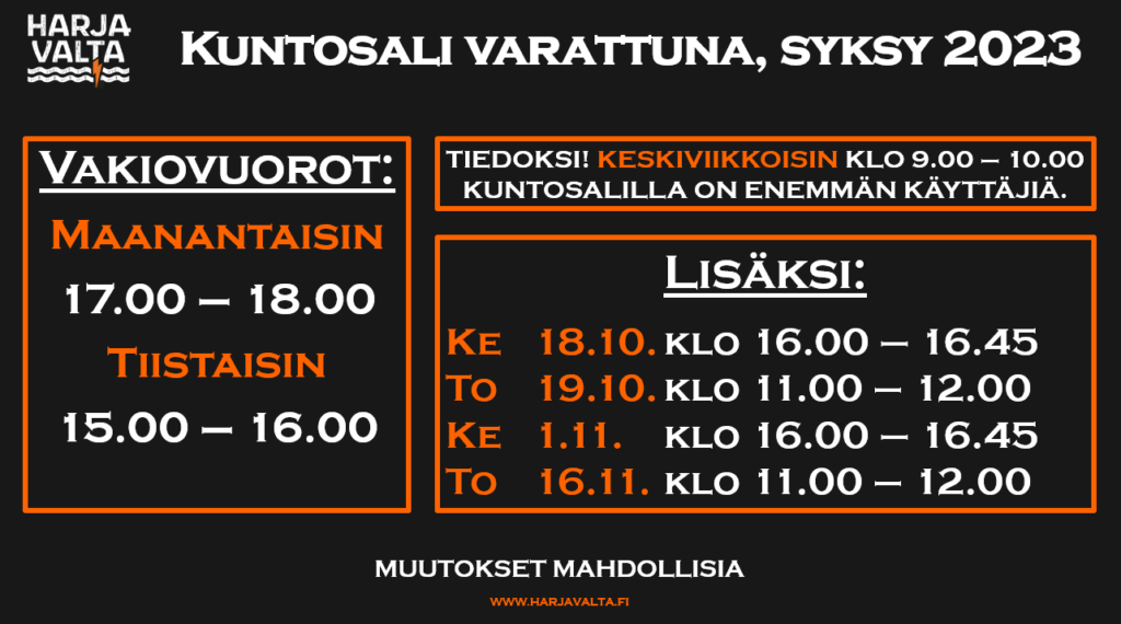 Kuvassa liikunta- ja uimahallin kuntosalivaraukset syyskaudella 2023. Lisätietoja uinninvalvomosta, p. 044-432 5442.