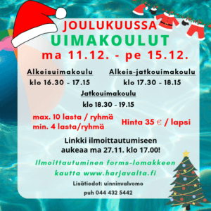 Joulukuun uimakoulut. Ilmoittautuminen linkin kautta (forms-lomake), aukeaa ma 27.11. klo 17.00!