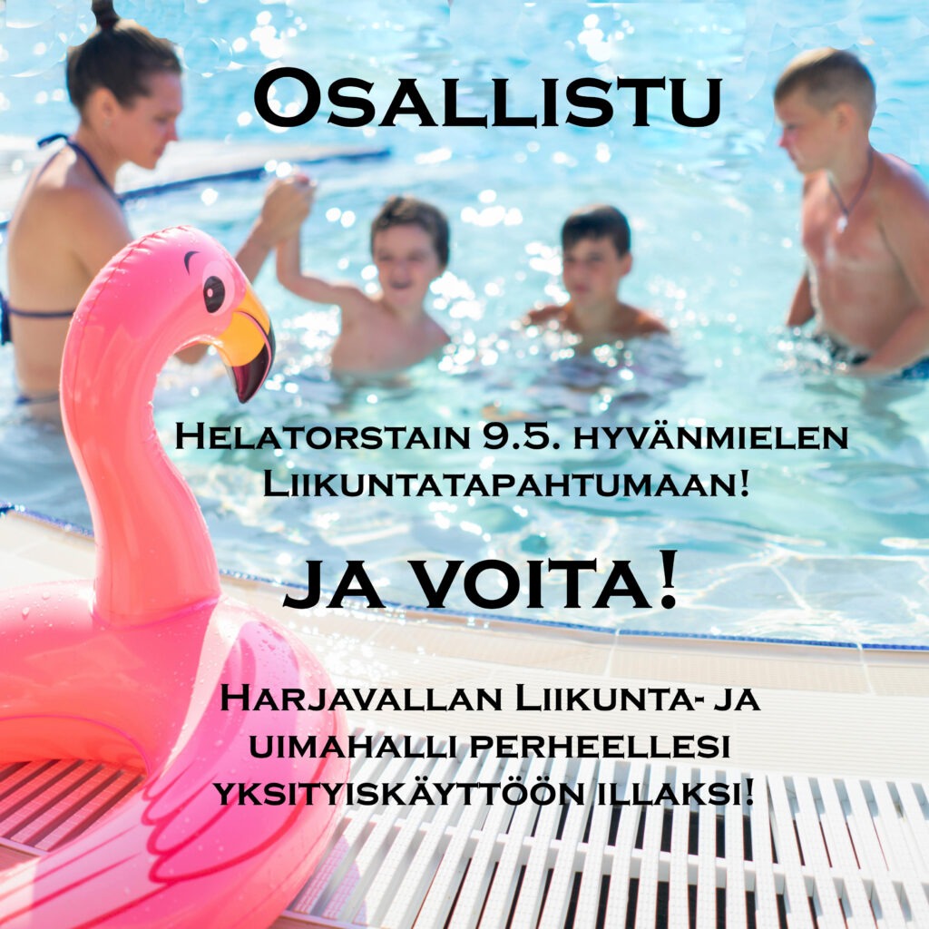 Turkoosin sinisessä vedessä neljä henkilöä, perhe, uimassa. Vasemmalla etualalla pinkki flamingouimalelu.