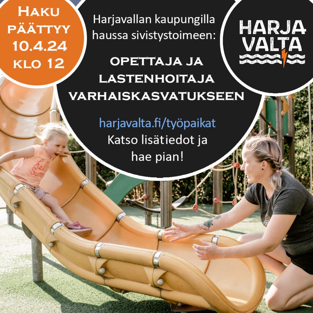 Ylhäällä kolme ympyrää. Vasemmalla oranssi, keskellä iso musta ja oikealla pienempi musta joissa sama teksti kuin uutisessa. Alempana vaalea tyttölapsi persikanvärisessä paidassa ja beesseissä shortseissa laskee oranssia liukumäkeä lastenhoitajan syliin.