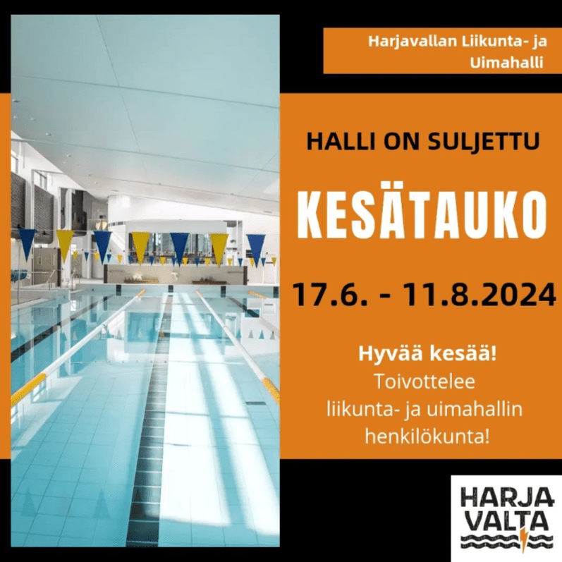 Kuva uimahallista, jossa lukee kesätauko.