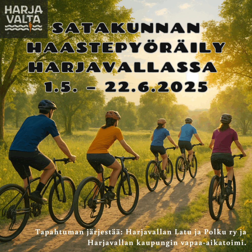 SATAKUNNAN HAASTEPYÖRÄILY HARJAVALLASSA JÄRJESTETÄÄN JÄLLEEN 1.5. – 22.6.2025!Tässä ohjeistuksia tulevaan tapahtumaan: Kirjaamiseen käytetään joko mobiilisovellusta tai haastepyöräilykorttia (ei molempia). Lisätietoa mobiilisovelluksesta löytyy alla olevasta linkistä: https://www.liiku.fi/aikuisille/haastepyoraily/ Haastepyöräilykortteja löytyy Honkalan, Hiittenharjun ja Voimalaitoksen kirjaamislaatikoista. Haastepyöräilykortit saa palauttaa 23- 25.6.2025 välisenä aikana Harjavallan kirjaston palautuspisteeseen. Nyt voit siis polkea omia reittejäsi, kirjaa kokonaiskilometrit ylös ja jokaisesta kymmenestä kilometristä tulee yksi merkintä. 50 SUORITUS MERKINTÄÄN (500 km) YLTÄNEIDEN KESKEN ARVOTAAN POLKUPYÖRÄ. TÄMÄN LISÄKSI KAIKKIEN VÄHINTÄÄN 25 (250 km) MERKINTÄÄN YLTÄNEIDEN KESKEN ARVOTAAN 3 KPL 25 EURON LAHJAKORTTEJA! Iloisia kilometrejä! 