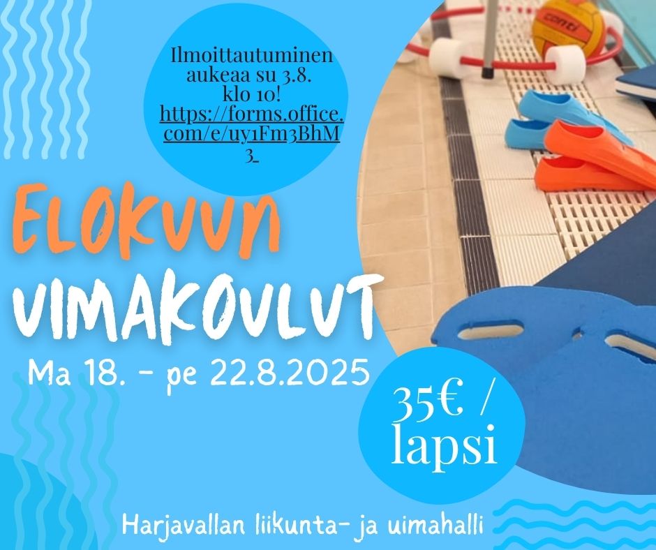 Elokuussa järjestämme lasten uimakouluja ma 18. - pe 22.8. Valittavana on kaksi eri tasoista ryhmää. 