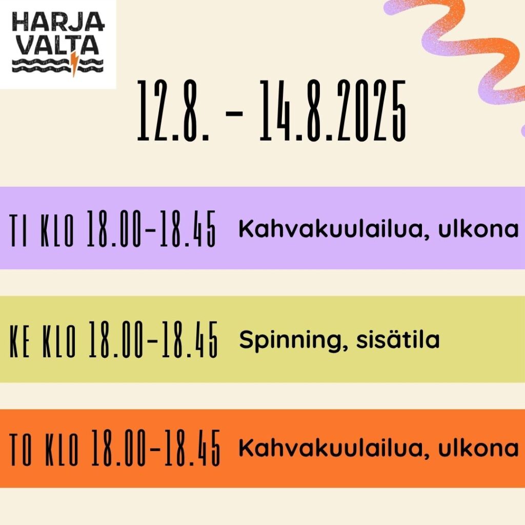 Hellurei vielä täältä hallilta! Hallin kesätauon jälkeen kahvakuulaillaan ja pyöräillään muutamina päivinä. Ti 12.8. ja to 14.8. Kahvakuulailua ulkona klo 18.00-18.45 (sateen sattuessa sisätiloissa) Ke 13.8. Spinning klo 18.00-18.45 Spinningiin osallistuminen linkin kautta: https://forms.office.com/e/gnzHwwG1Qv 