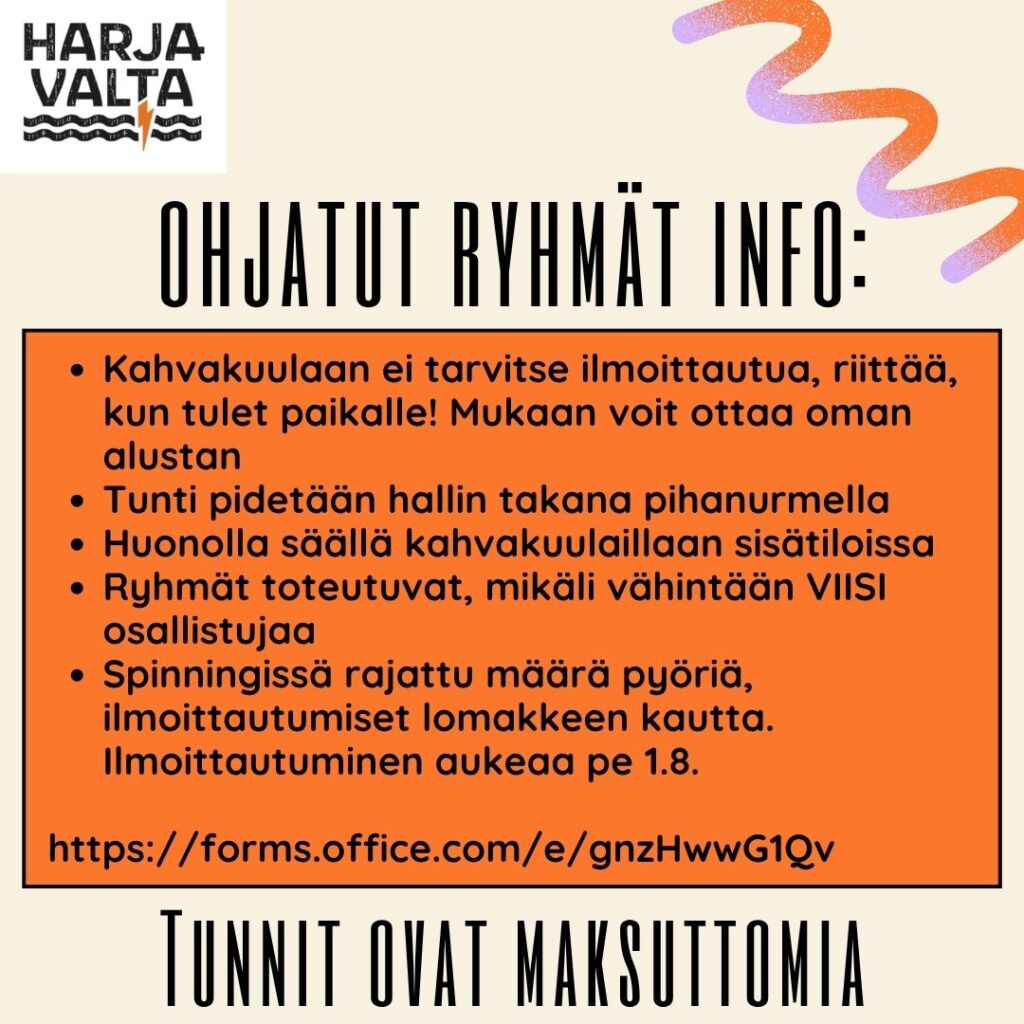 Hellurei vielä täältä hallilta! Hallin kesätauon jälkeen kahvakuulaillaan ja pyöräillään muutamina päivinä. Ti 12.8. ja to 14.8. Kahvakuulailua ulkona klo 18.00-18.45 (sateen sattuessa sisätiloissa) Ke 13.8. Spinning klo 18.00-18.45 Spinningiin osallistuminen linkin kautta: https://forms.office.com/e/gnzHwwG1Qv 