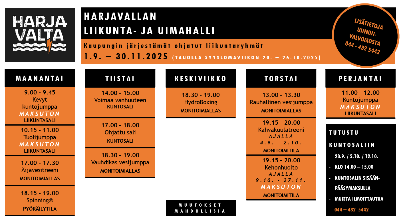 Kuvassa taulukko, jossa on Harjavallan kaupungin järjestämät ohjatut liikuntaryhmät syksyllä 2025. Lisätietoja uinninvalvomosta, p. 044-4325442.
