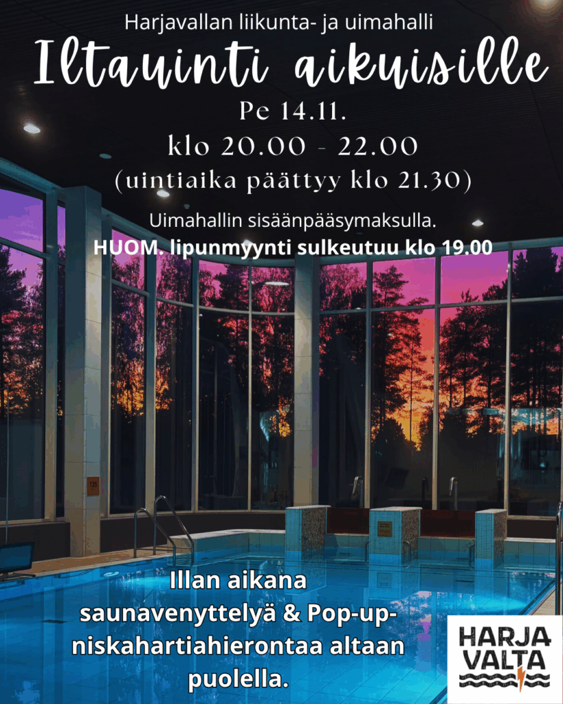Iltauinti aikuisille klo 20-22. Uintiaika päättyy klo 21.30. Uimahallin sisäänpääsymaksulla. Huomio! Lipunmyynti sulkeutuu klo 19. Illan aikana luvassa mm. saunavenyttelyä ja pop-up-niska-hartiahierontaa.
