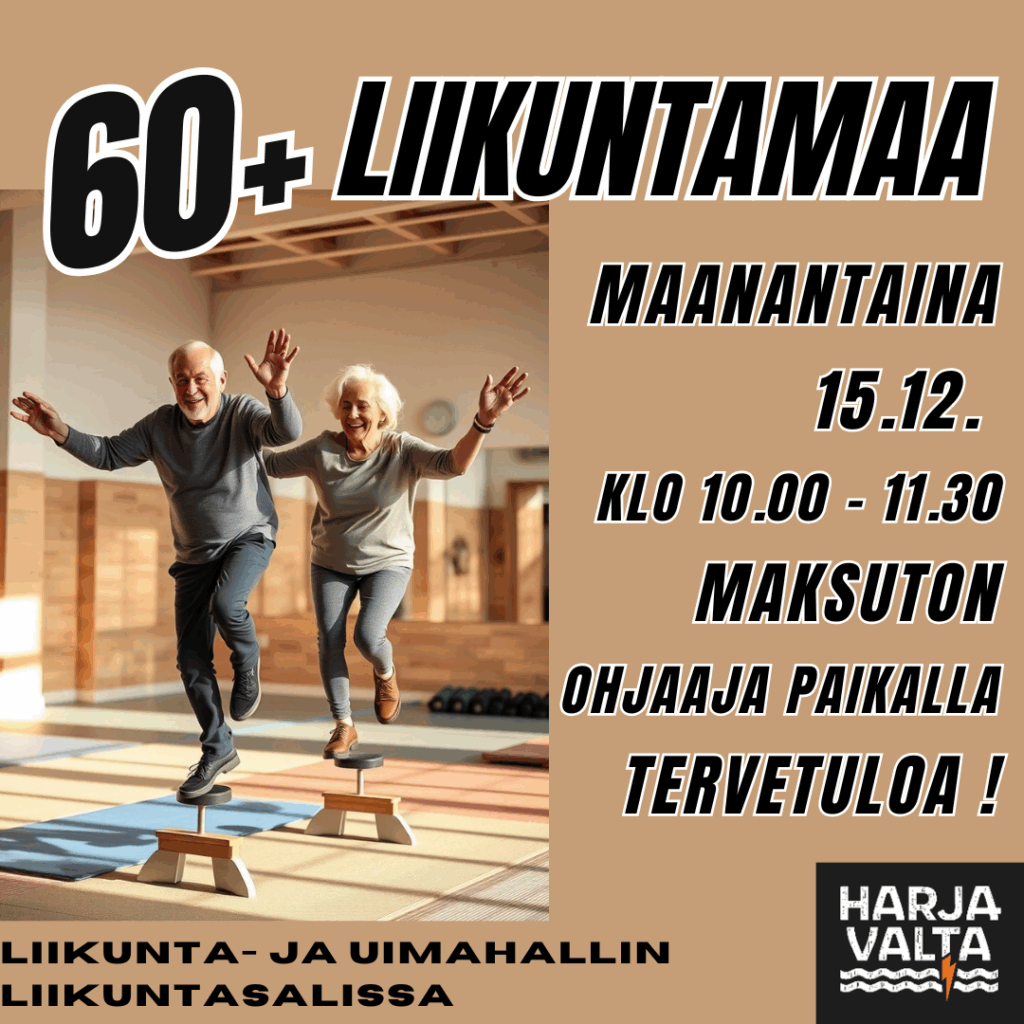 Kuvassa kaksi ikääntynyttä ihmistä tasapainoilee. 60+ liikuntamaa maanantaina 15.12. klo 10.00-11.30 liikuntahallin liikuntasalissa. Maksuton tapahtuma, jossa ohjaaja on paikalla. 