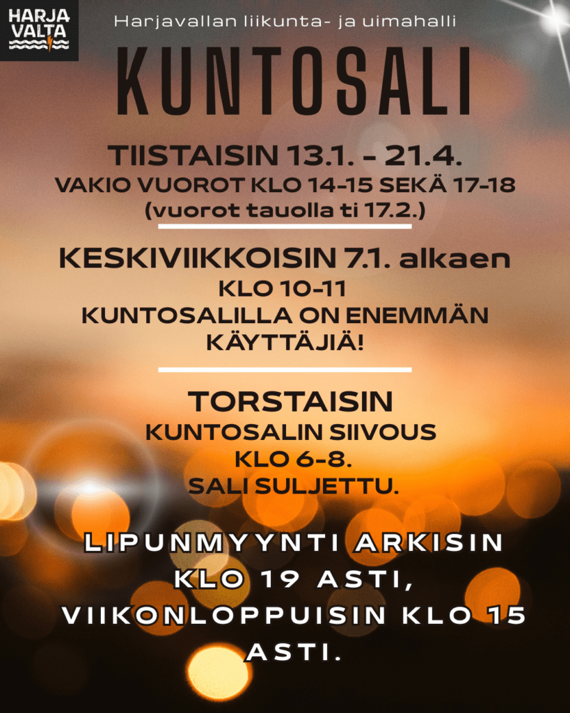 Hallilla alkaa jälleen arki pyörimään, joten tässä infoa kuntosalin käyttäjille:Vakiovuorot tiistaisin 13.1. alkaen klo 14-15 sekä klo 17-18.

Keskiviikkoisin 7.1. alkaen klo 10-11 salilla on enemmän käyttäjiä!

Torstaisin kuntosalin viikkosiivous klo 6-8, jolloin sali on suljettu.
