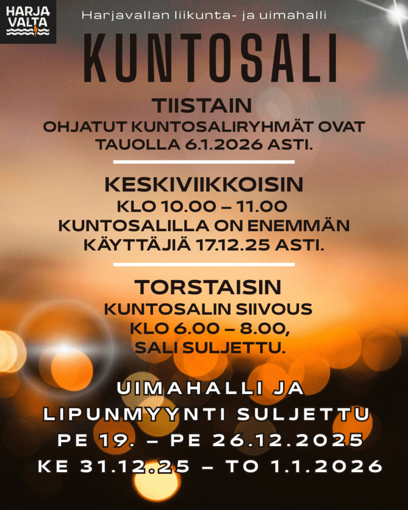 Tietoa kuntosalin loppusyksyn toiminnasta sekä liikunta- ja uimahallin lipunmyynnin aukioloajoista.