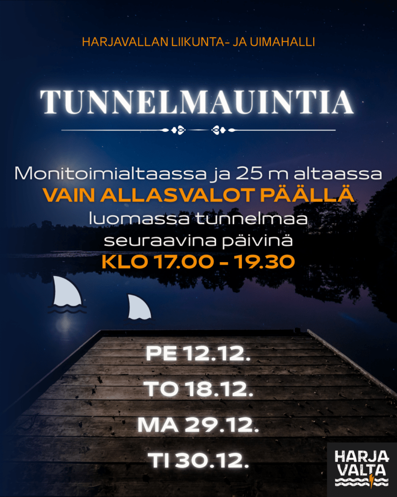 Tervetuloa uimaan ja rentoutumaan tunnelmallisessa valaistuksessa seuraavina päivinä klo 17.00-19.30: pe 12.12., to 18.12., ma 29.12. ja ti 30.12. Monitoimialtaassa ja 25 m altaassa VAIN ALLASVALOT PÄÄLLÄ. Lipunmyynti sulkeutuu klo 19.00. Lisätietoja uinninvalvomosta 044-432 5442.