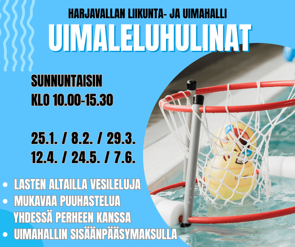 Uimaleluhulinat sunnuntaisin lasten altailla klo 10.00-15.30 uimahallin sisäänpääsymaksulla. Mukavaa puuhastelua yhdessä perheen kanssa.Su 25.1. / 8.2. / 29.3. / 12.4. / 24.5. / 7.6.