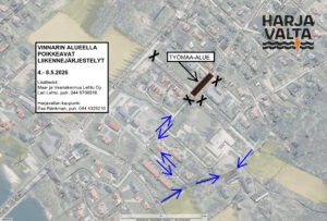 Vinnarin alueen saneerauksen liikennejärjestelyt merkattuna karttakuvaan. 