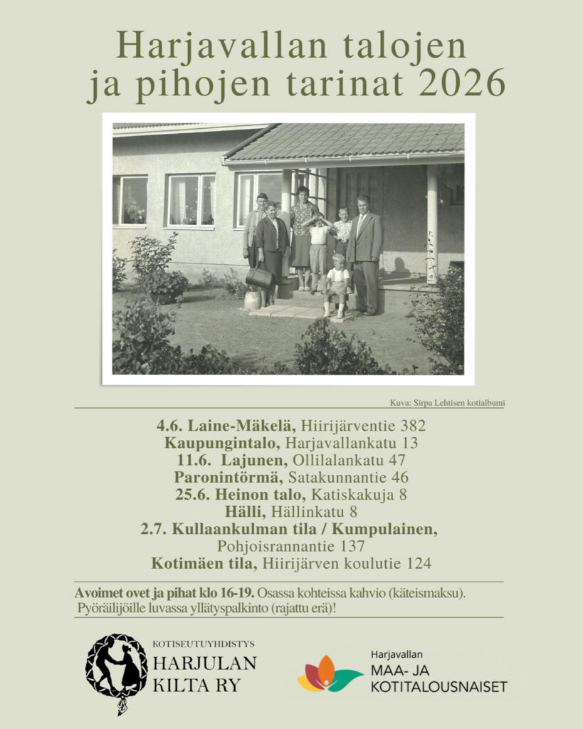 Harjavallan talojen ja pihojen tarinat 2026 -tapahtumajuliste. Listaus tapahtumapäivistä ja -paikoista.