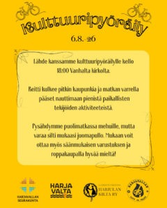 Kulttuuripyöräilyn 6.8.2026 tapahtumajuliste, jossa tapahtuman tiedot mustalla tekstillä keltaisella taustalla. Tapahtumajärjestäjien logot kuvan alareunassa.