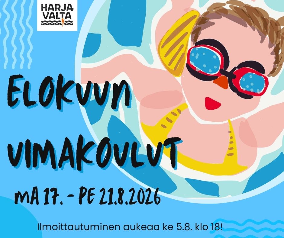 Elokuun uimakoulut ma 17. - pe 21.8.2026. Forms-lomake auki keskiviikkona 5.8. klo 18.00.