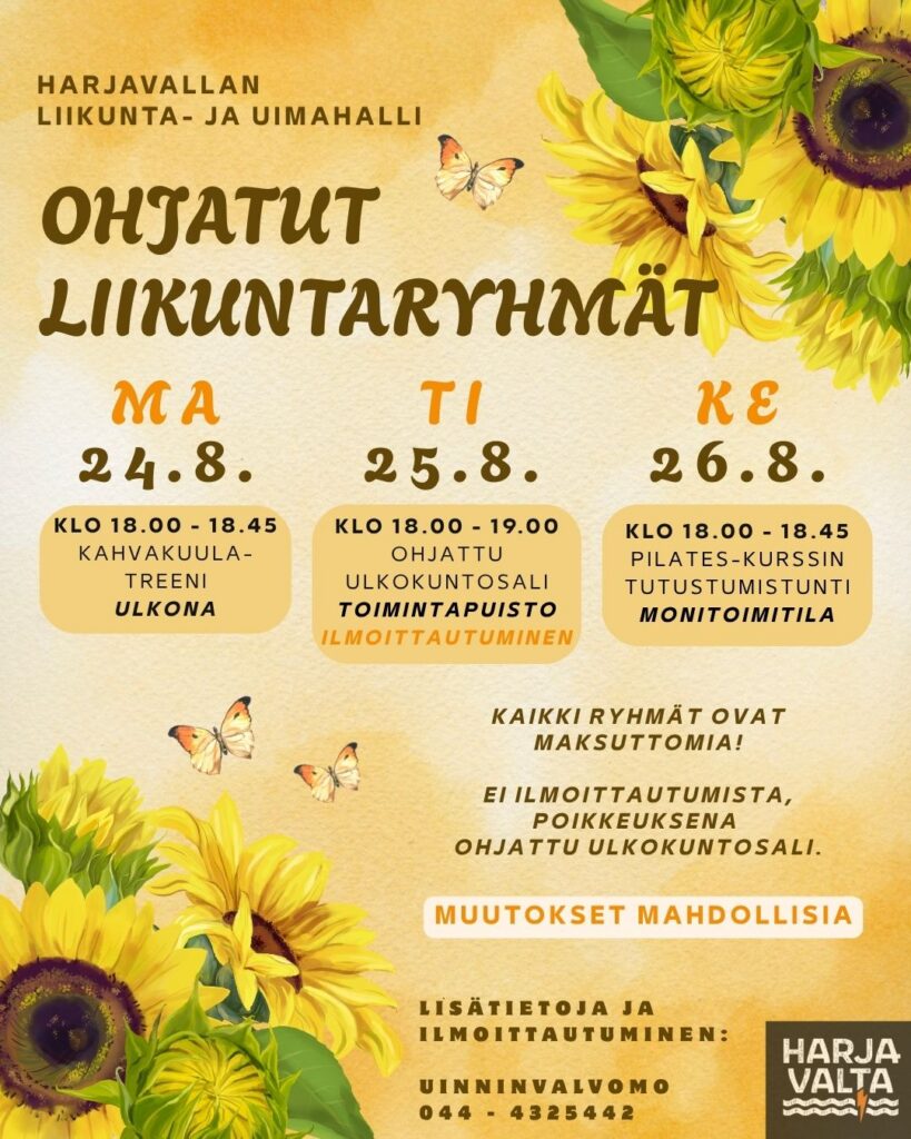 ALKUSYKSYN KEVENNETTY LIIKUNTALUKUJÄRJESTYS MA 24.8. - PE 4.9.2026Alkusyksystä pyritään liikkumaan ulkona! Nappaa tästä päivämäärät talteen ja tuu meidän kanssa mukaan treenailemaan. Kahvakuulatreeni on hallin takana pihanurmella. Välineiden nouto ennen tuntia monitoimitilasta ja käynti juoksusuoran kautta takapihalle. Saavuthan paikalle ajoissa, jotta kerkeät ottamaan omat välineesi! Sateella treenaillaan sisätiloissa. Ohjattuun ulkokuntosaliin ilmoittautumiset Whatsapp-viestillä puh. 044-432 5442 (laita viestiin nimesi ja kumpaan kertaan osallistut). SYKSYN 2026 LIIKUNTALUKUJÄRJESTYS STARTTAA MA 7.9.