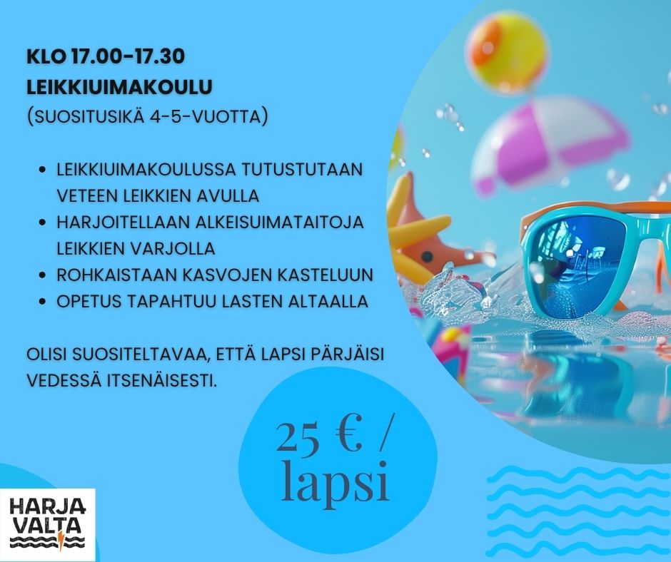 Elokuun uimakoulut starttailee jälleen ma 17.8. kestäen viisi päivää pe 21.8. asti. Lue huolella tuntiselosteet, ennen kuin ilmoitat lastasi uimakouluihin.Ilmoittautuminen Forms-lomakkeen kautta, lomake on auki keskiviikkona 5.8. klo 18.00 alkaen! (Linkit löytyvät myös kotisivuiltamme --> liikunta - ja uimahalli) LEIKKIUIMAKOULUUN TÄSTÄ LINKISTÄ: https://forms.cloud.microsoft/e/QDjfUvd5Ck