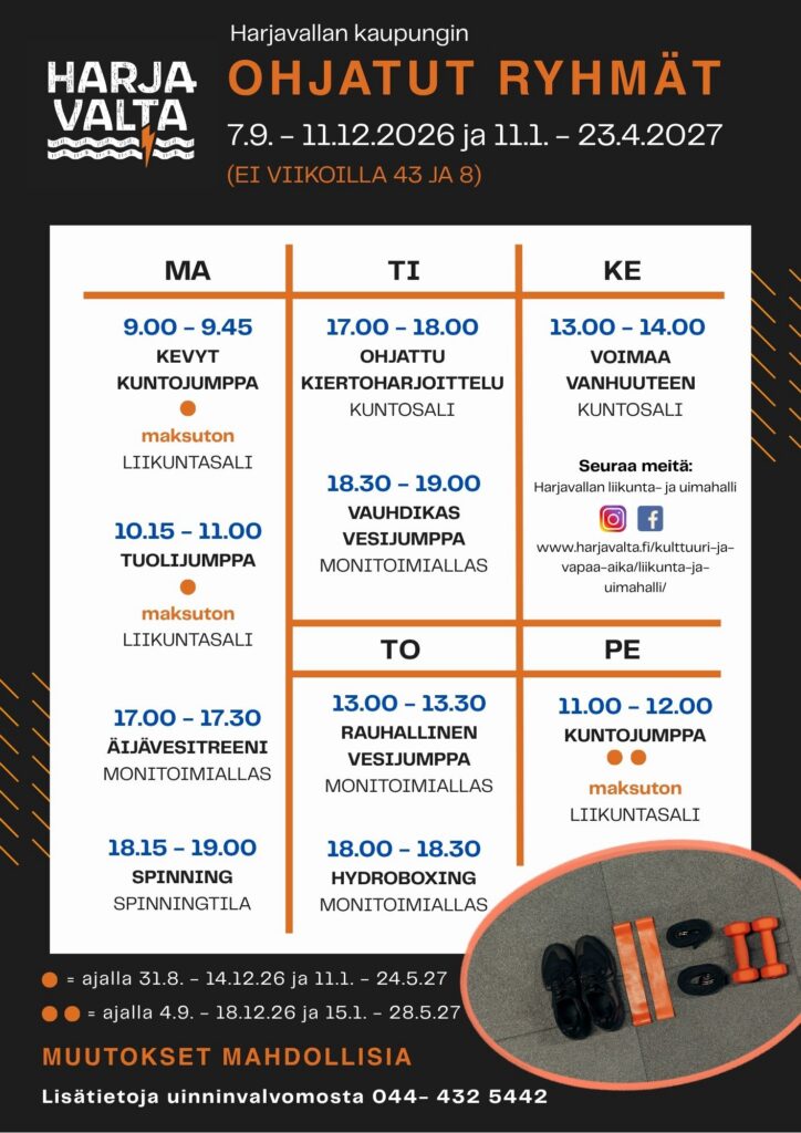 Kuvassa Harjavallan kaupungin järjestämien ohjattujen liikuntaryhmien aikataulut syksylle 2026 ja keväälle 2027. Lisätietoja uinninvalvomosta, p. 0444325442.